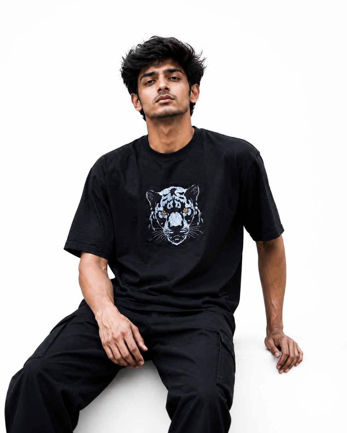 White oversized cotton t-shirt by Wraperers sitting view