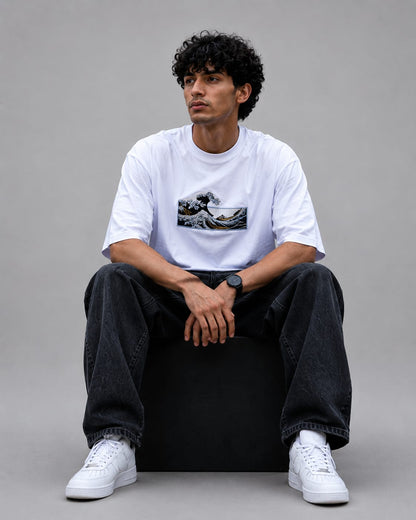 White oversized cotton t-shirt by Wraperers sitting view