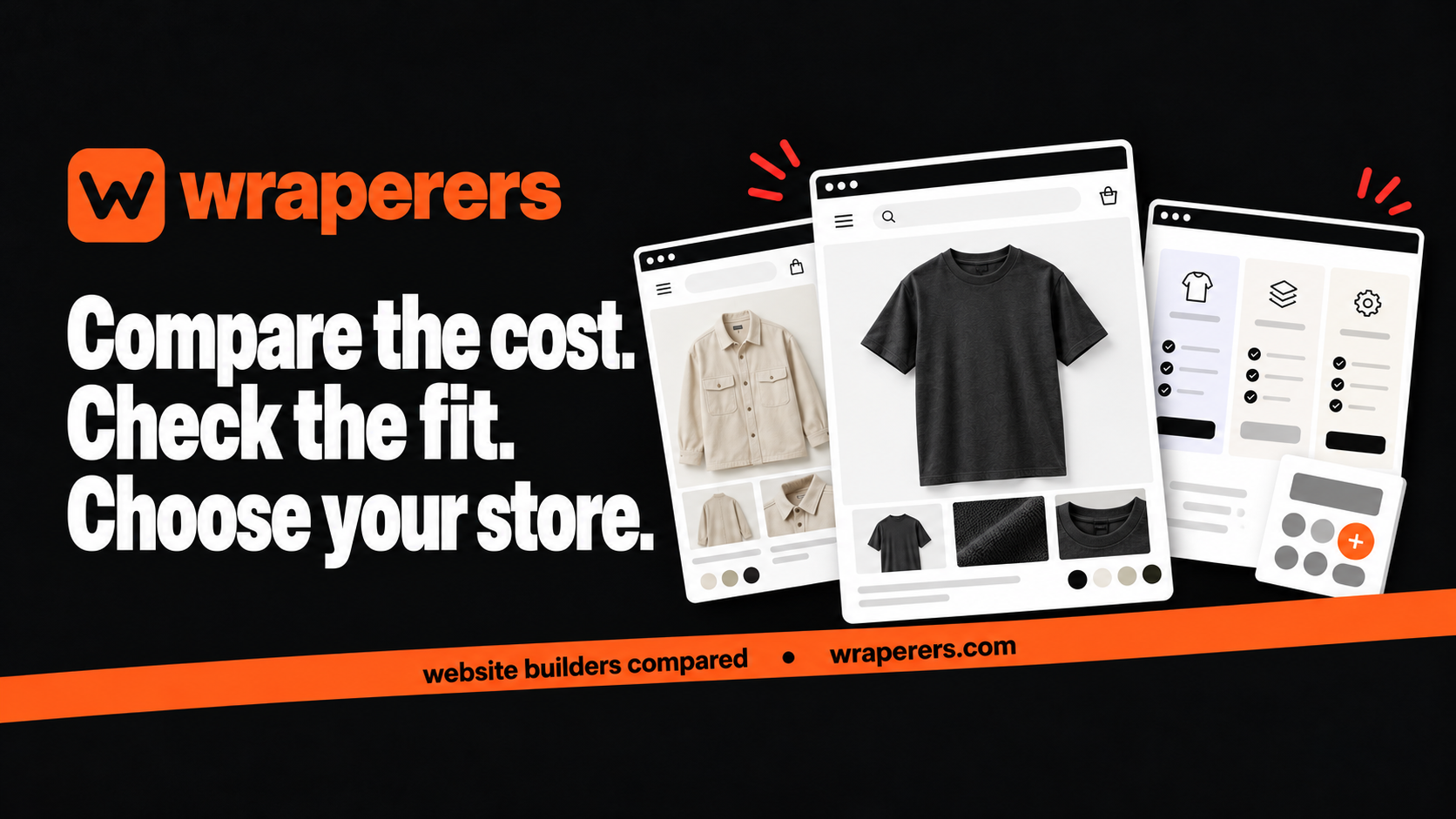 Wraperers website builder comparison cover with clothing storefront mockups and cost comparison theme