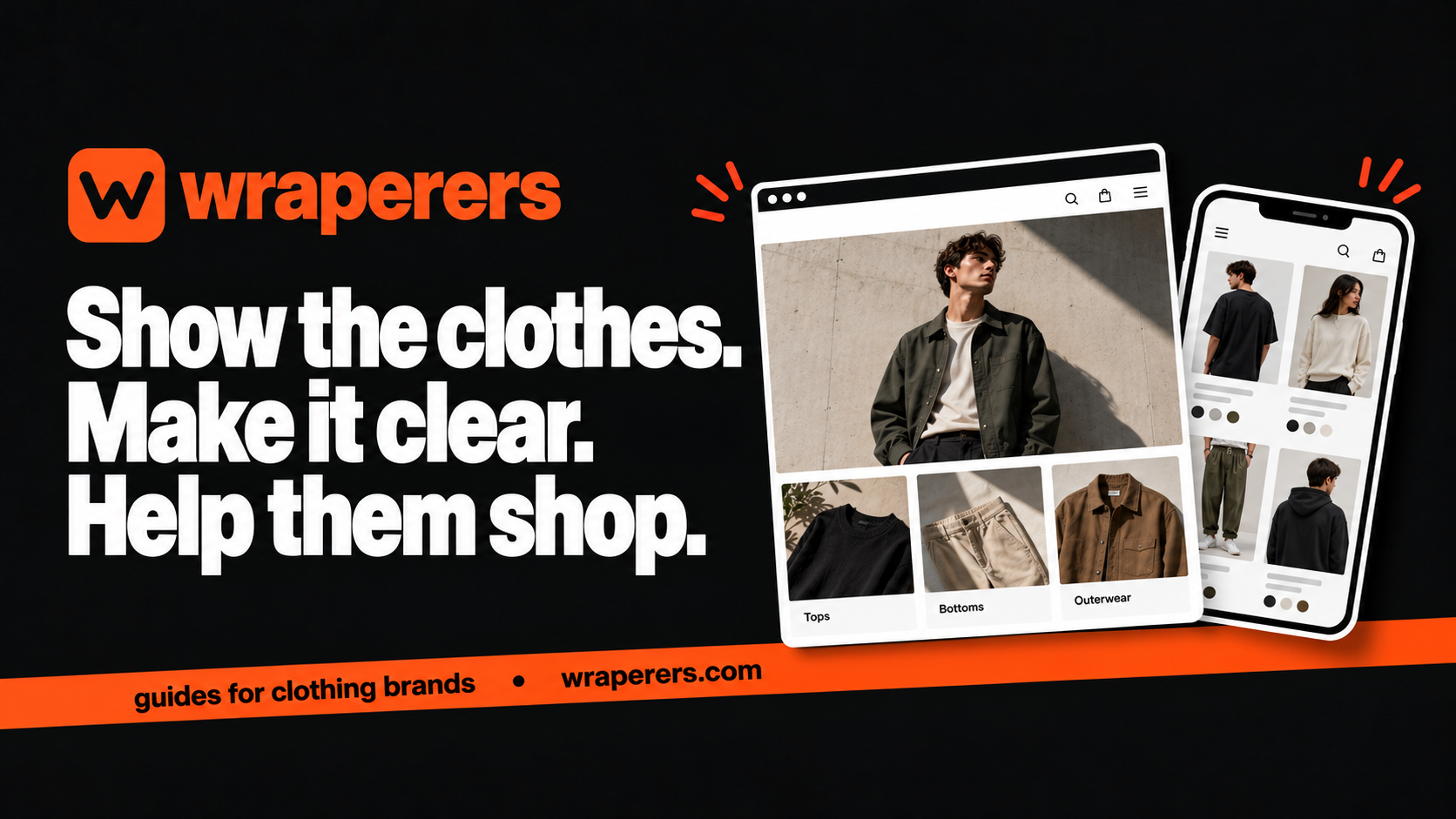 Wraperers homepage guide with fashion collection cards and mobile storefront panels
