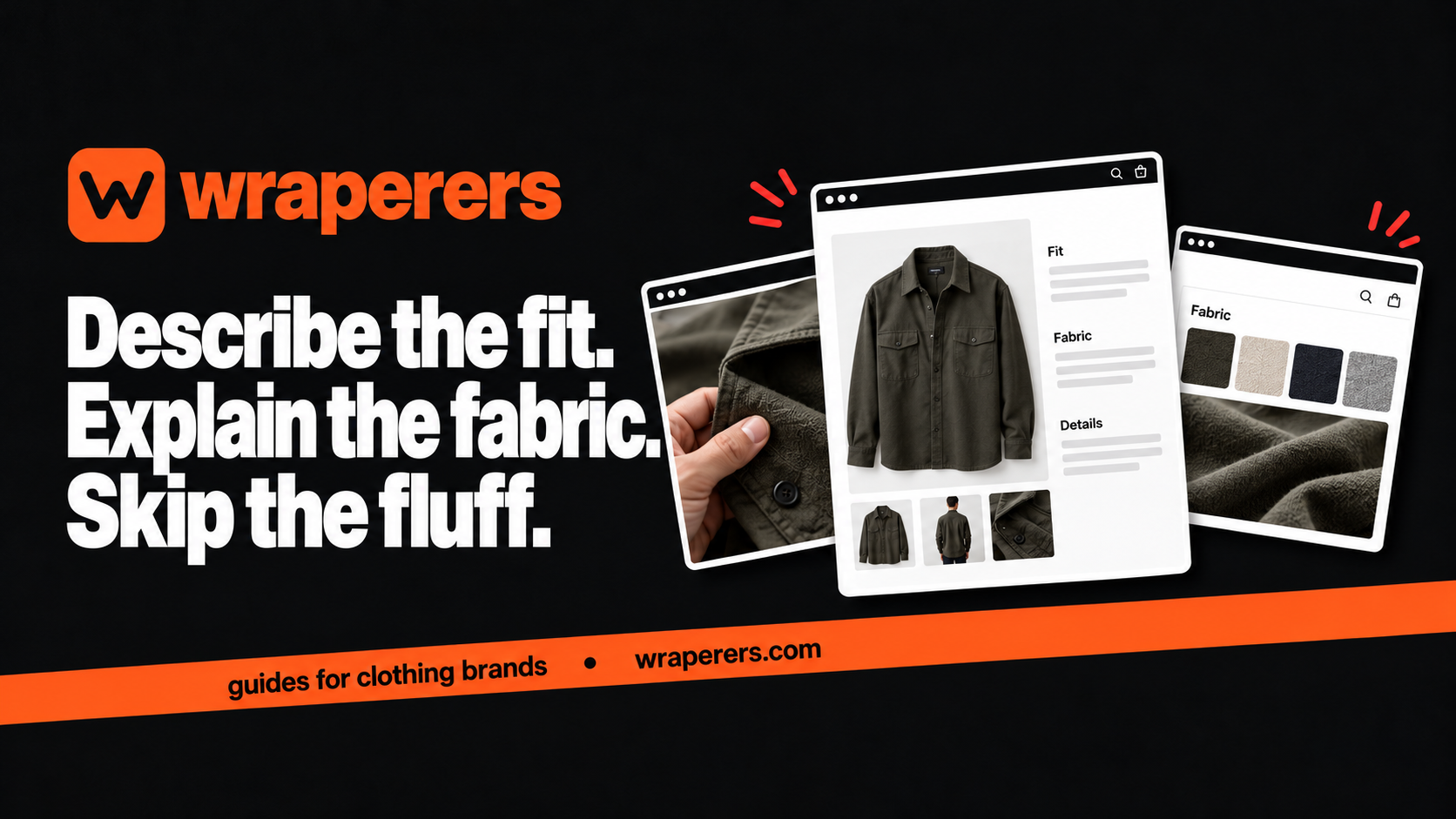 Wraperers product description guide with garment detail cards and fabric swatches