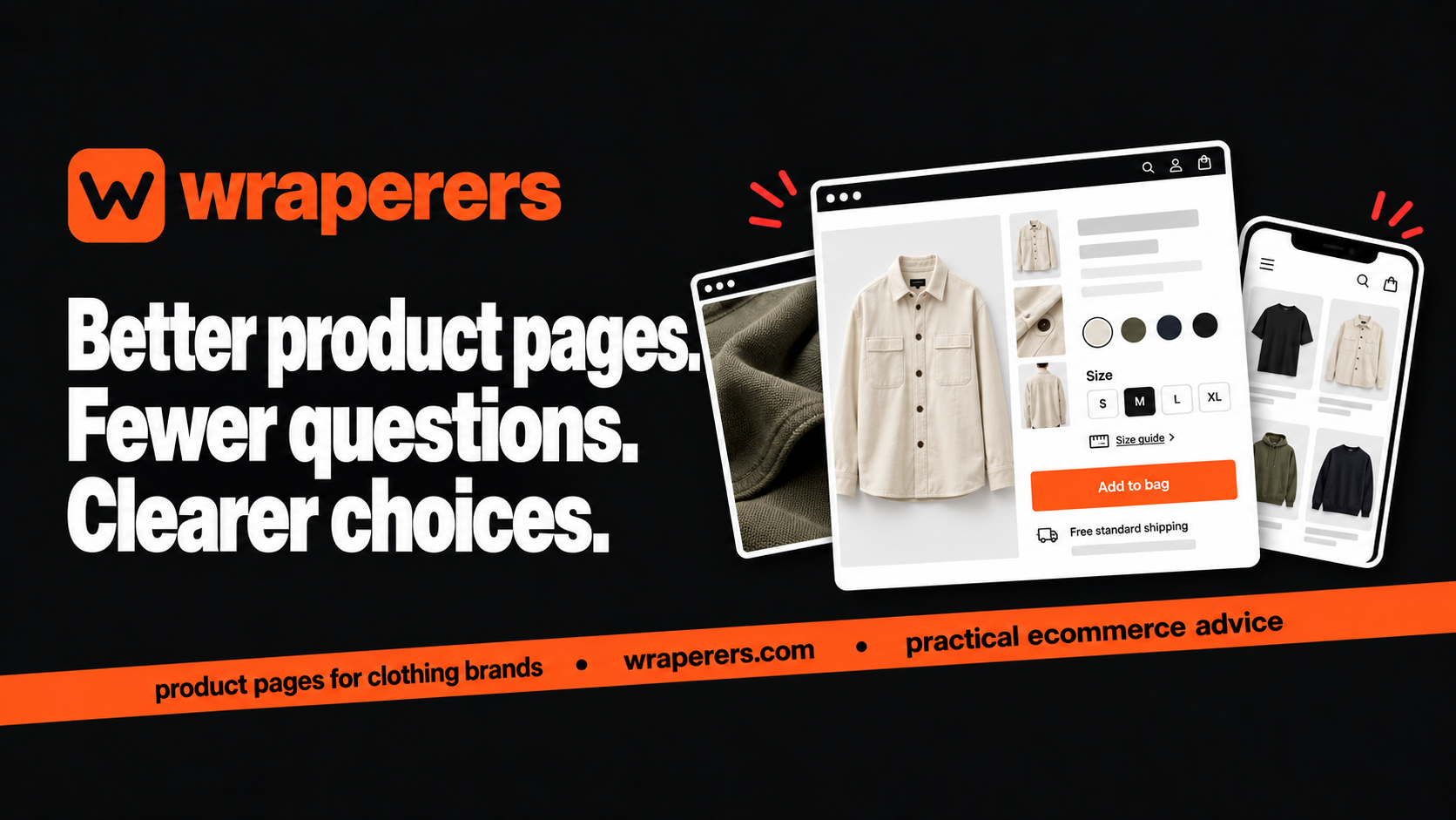 Wraperers product page guide with clothing store mockups and bold white headline