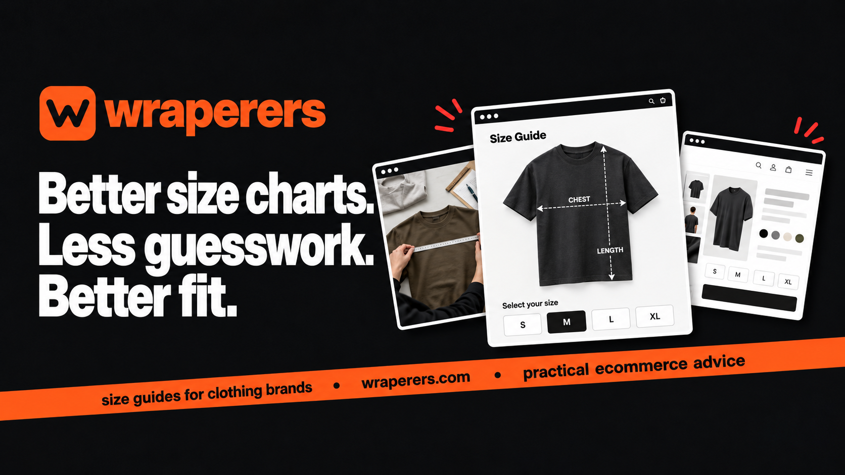 Wraperers size chart guide with bold white headline and clothing measurement panels