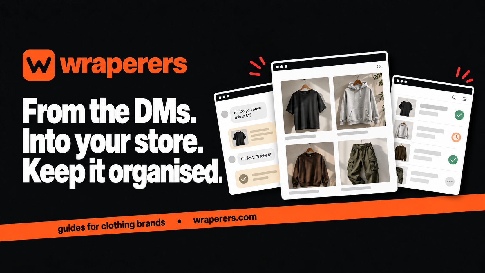 Wraperers migration guide with message bubbles clothing catalogue and organised order panels