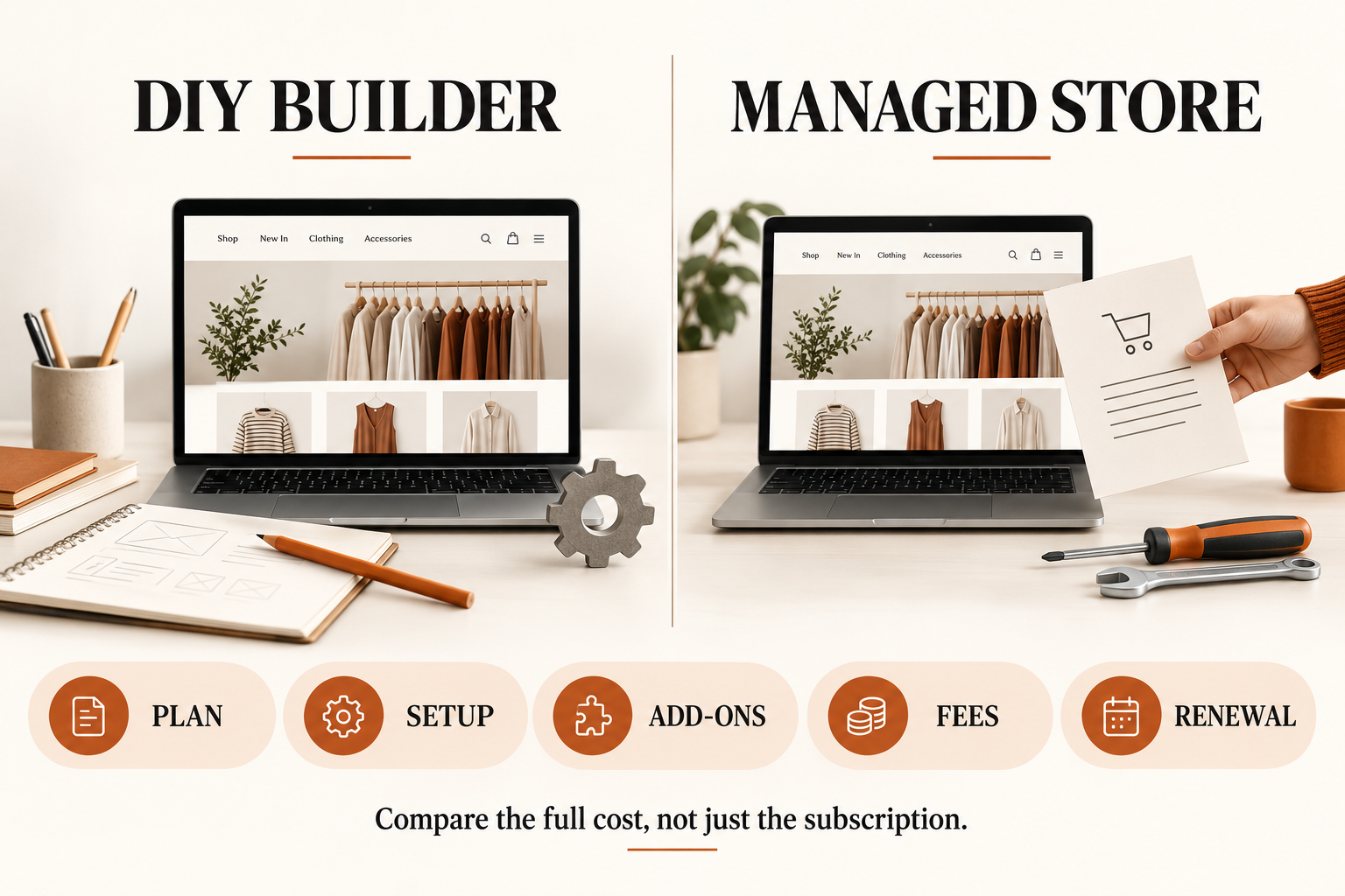 DIY builder and managed store comparison with plan setup add-on fee and renewal cost categories