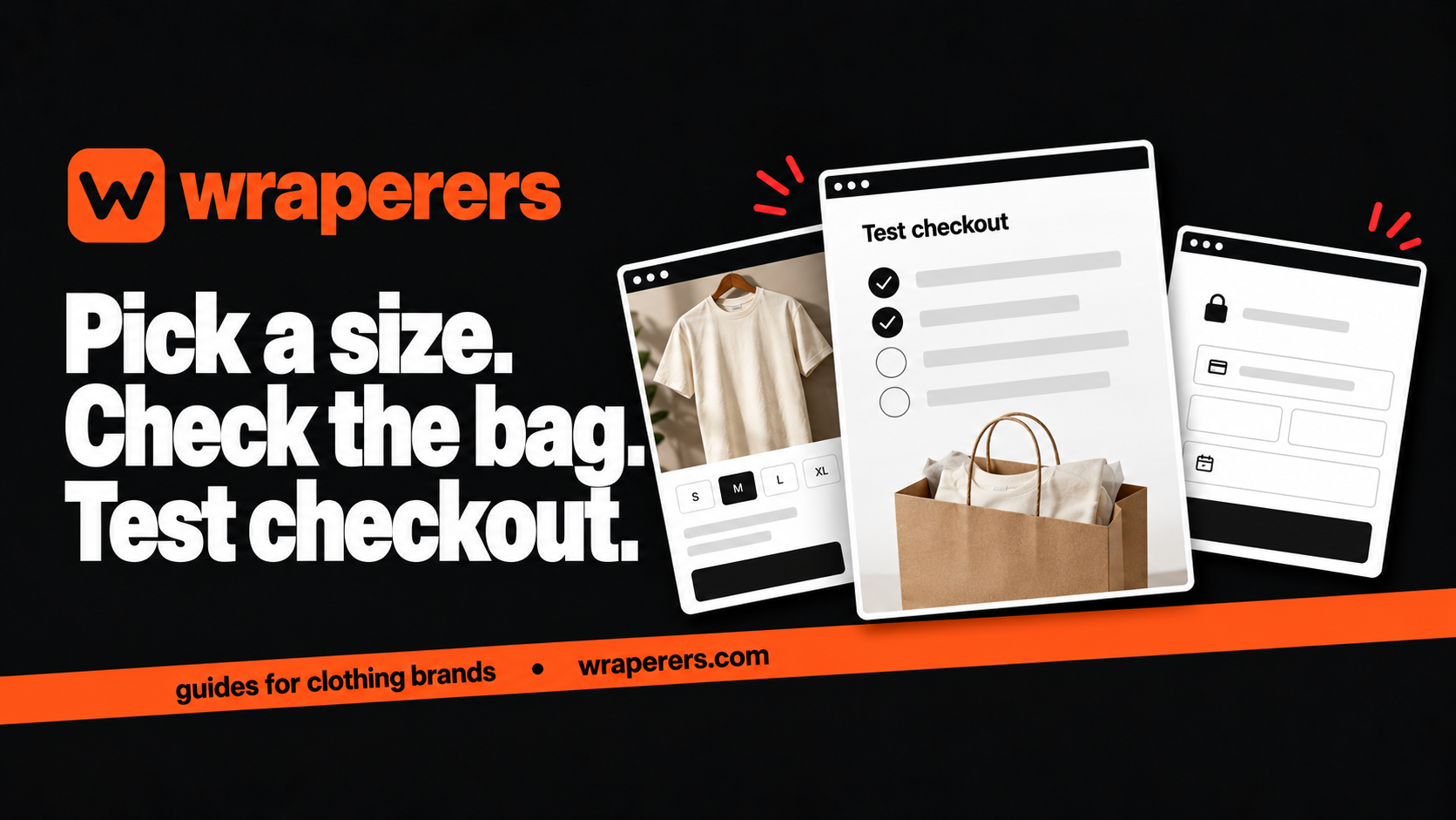 Wraperers checkout testing guide showing size selection a shopping bag and test checklist