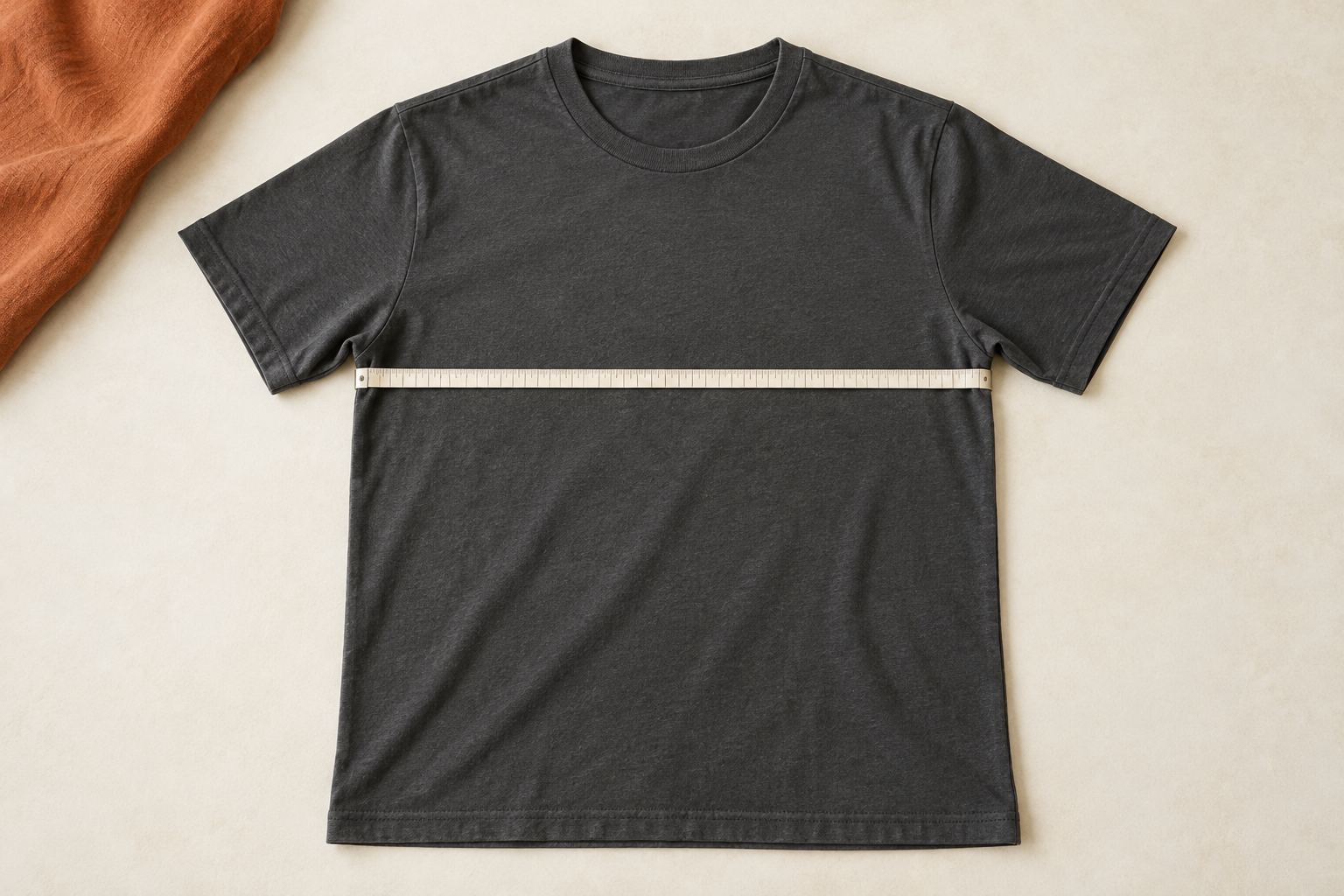 Charcoal T-shirt laid flat with measuring tape across the underarm chest width