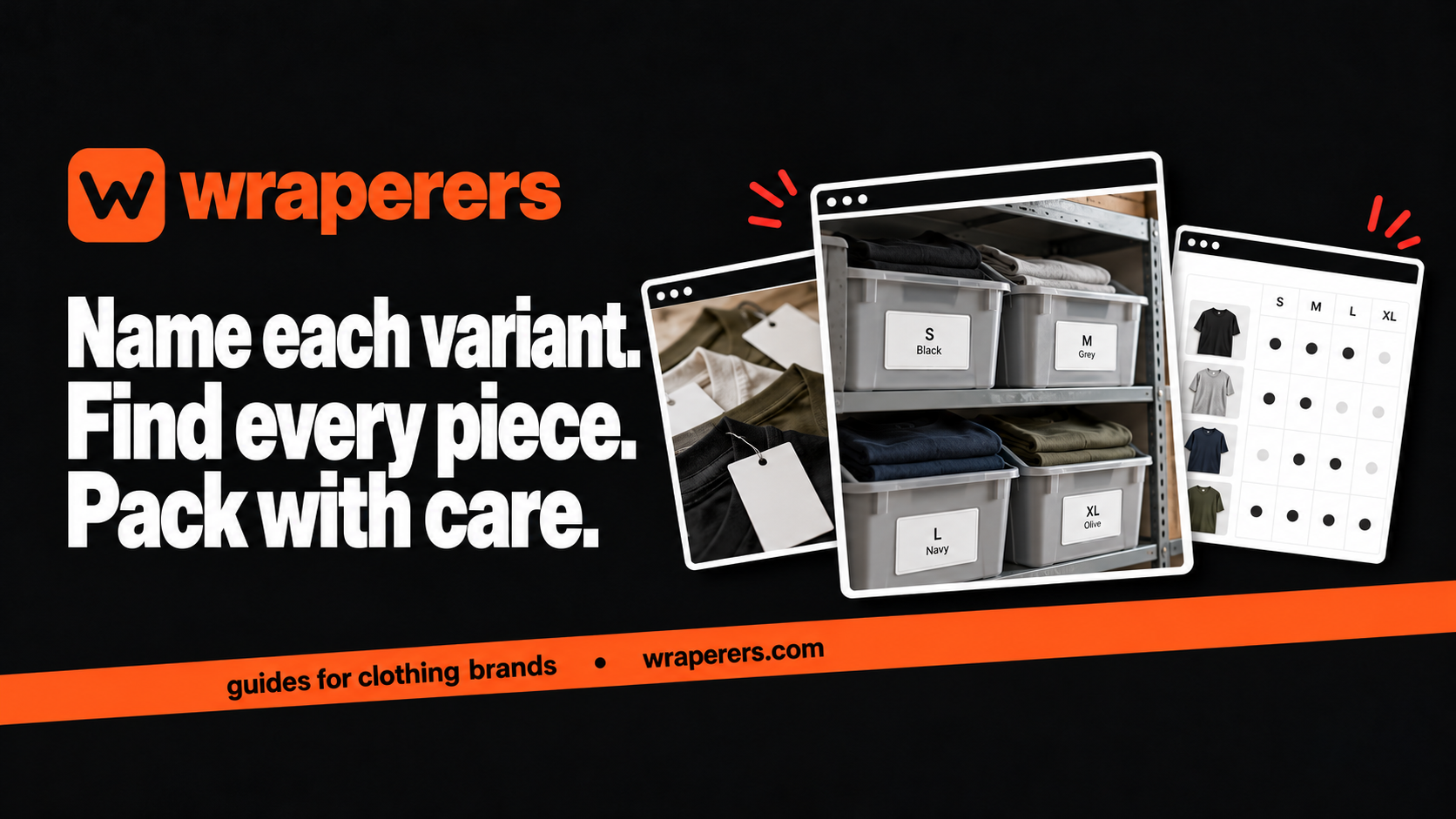 Wraperers SKU guide with clothing tags storage bins and variant reference panels