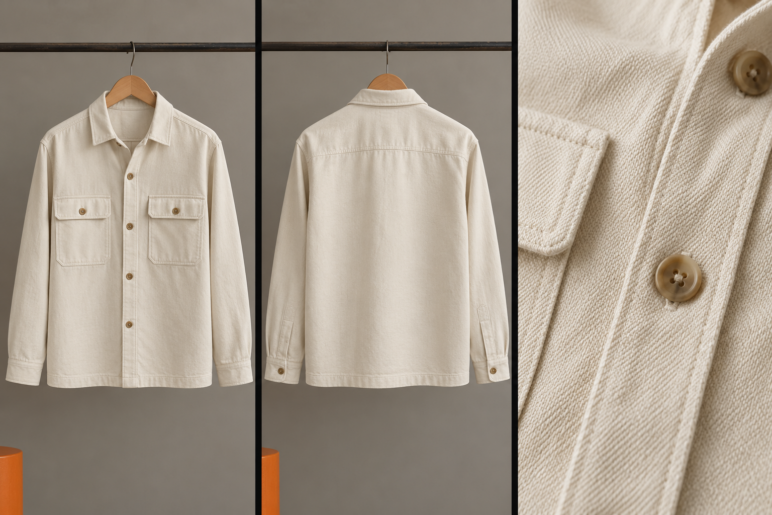 Cream overshirt shown from the front, back and close up on a neutral background