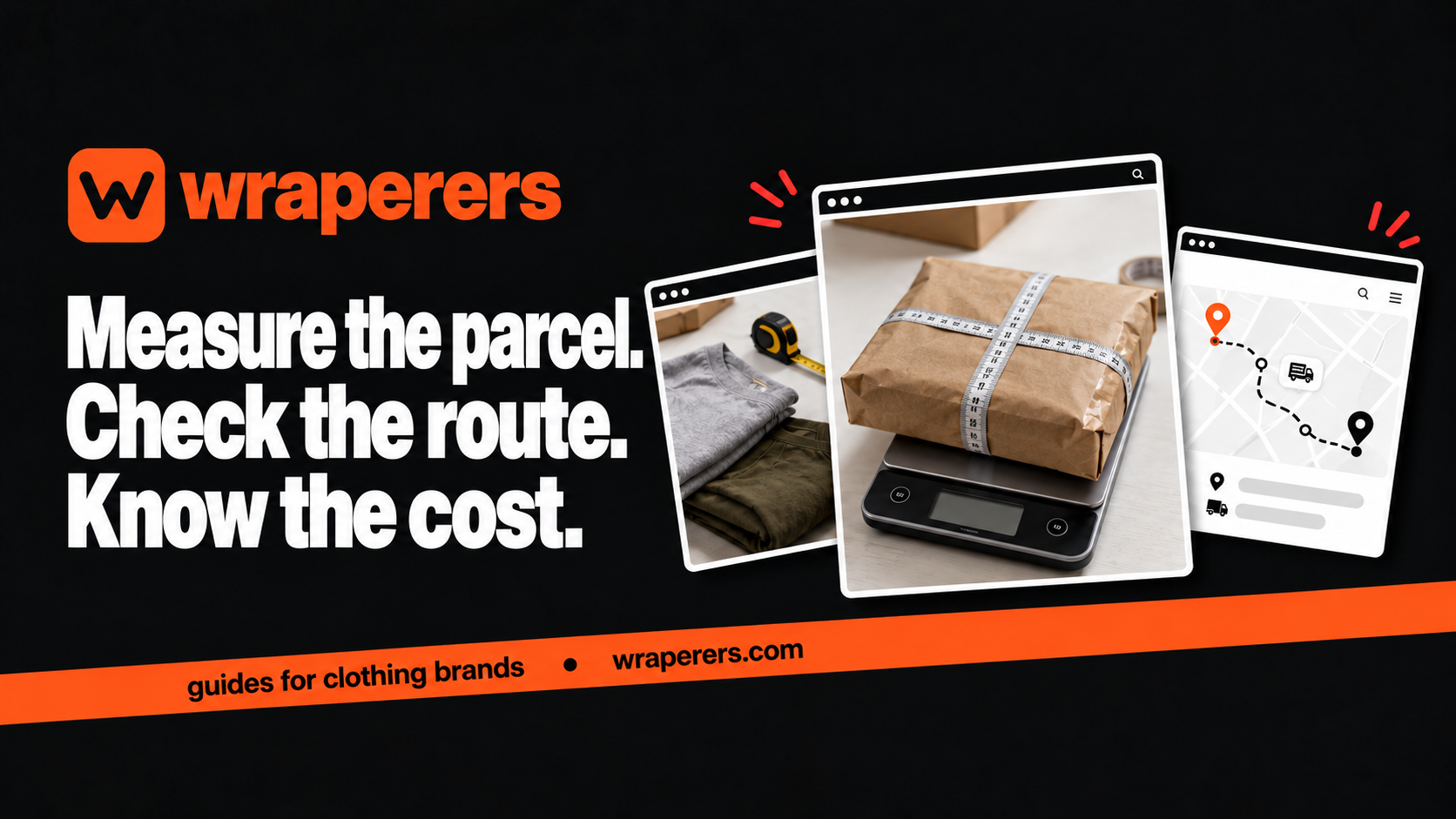 Wraperers shipping guide showing a clothing parcel scale and parcel measurement panels